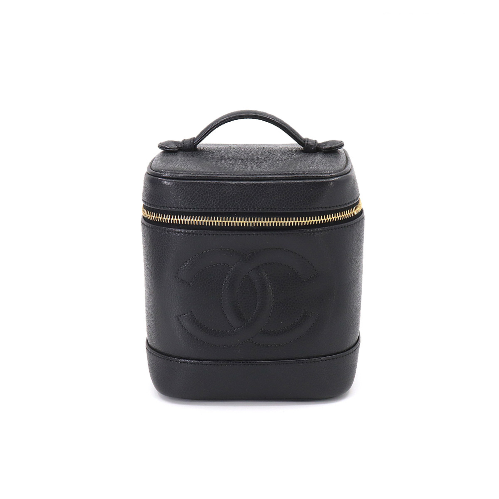 Chanel Vanity Hand Bag Caviar Skin Leather Black Cocomark Gold Hardware